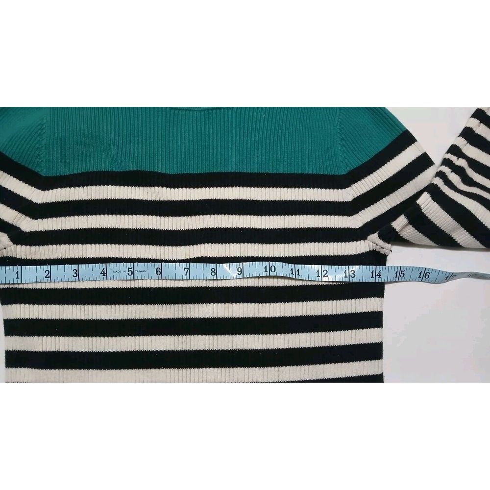 Lauren Ralph Lauren Rib Knit Sweater Women Medium Green Black Stripe Gold Button - Picture 6 of 8
